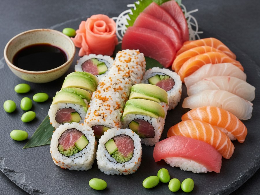 Vassoi di uramaki freschi e colorati, con diverse farciture e topping, in un ristorante giapponese.