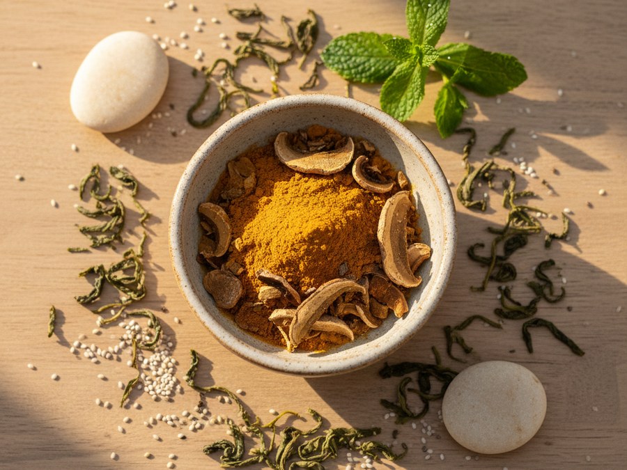 Selezione di erbe, radici e integratori naturali per il benessere e la vitalità.